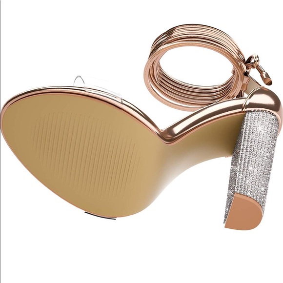 ✨ Rose Gold Rhinestone Lace up Strap Block Heel - Picture 2 of 7